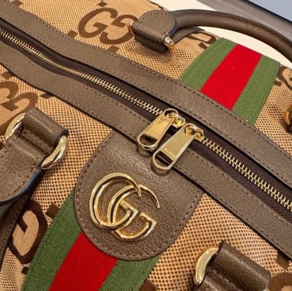 Gucci Monogram Jumbo GG Textured Dollar Calfskin Web Large Duffle  Camel Ebony - Picture 4 of 13